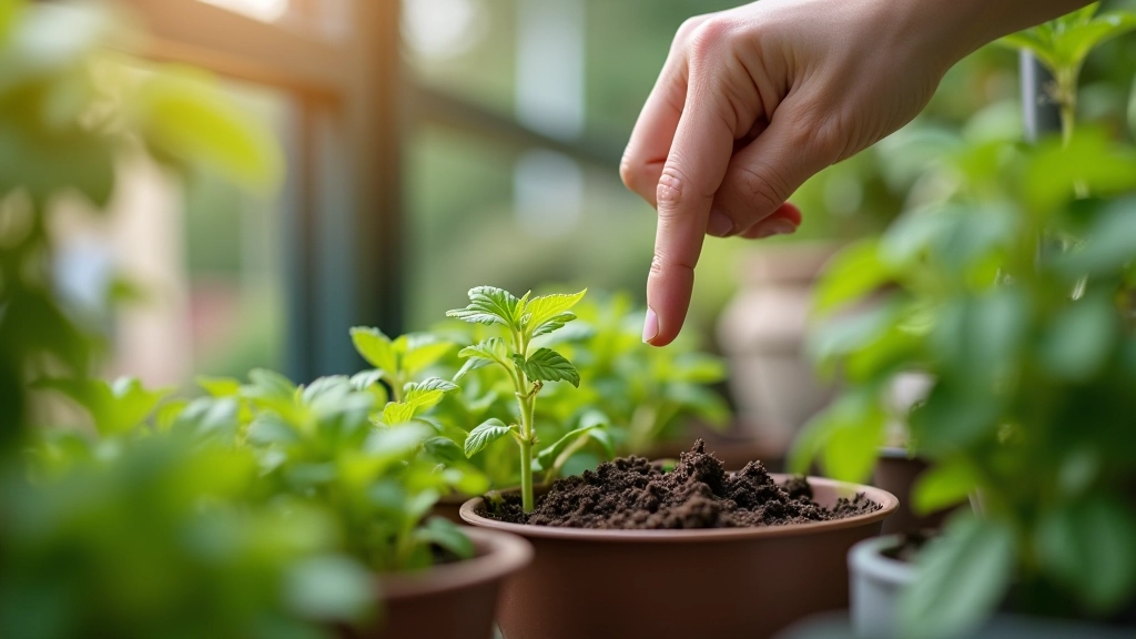 Kontrola vlhkosti zeminy v květináči s bylinkou, zkoušení prstem